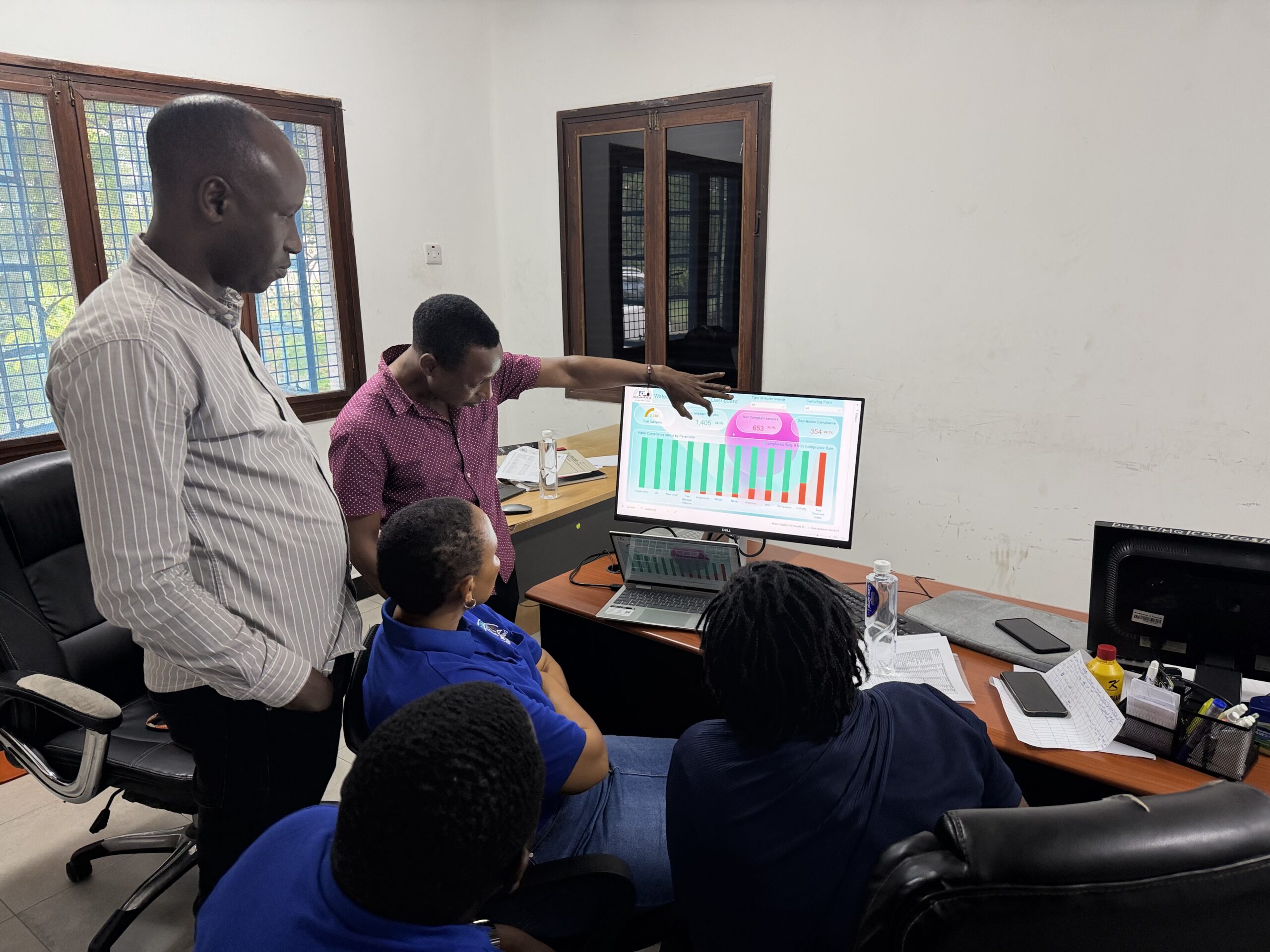 The Third Alternative team reviewing water quality compliance data together